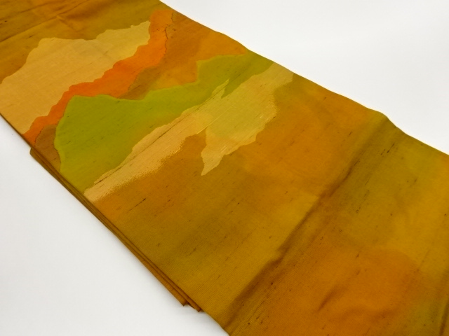 手織り紬抽象山並み模様織出し名古屋帯